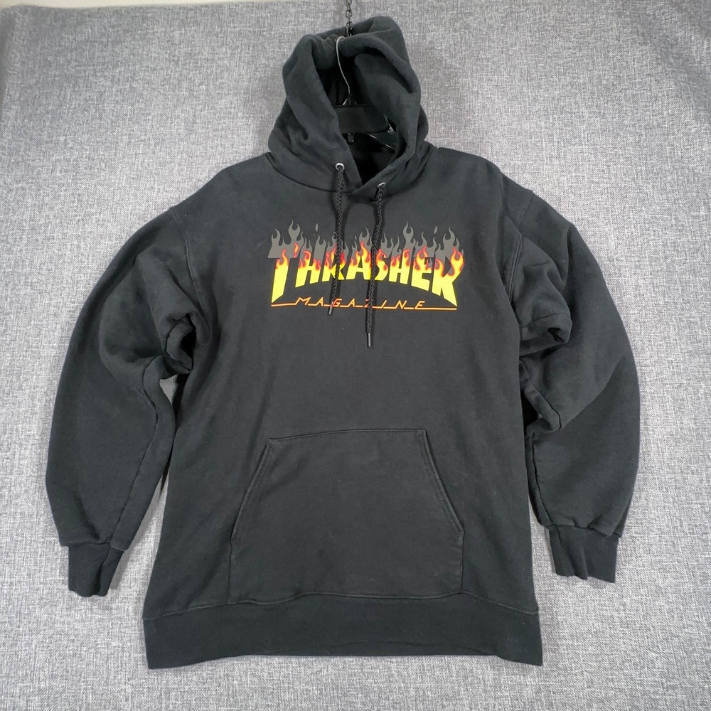 Thrasher Magazine Flame Logo Hoodie Mens Small Black Graphic Y2K Skater Pullover